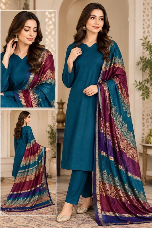 Dhanak wool 3 PC with Brosha Shawl-Zink