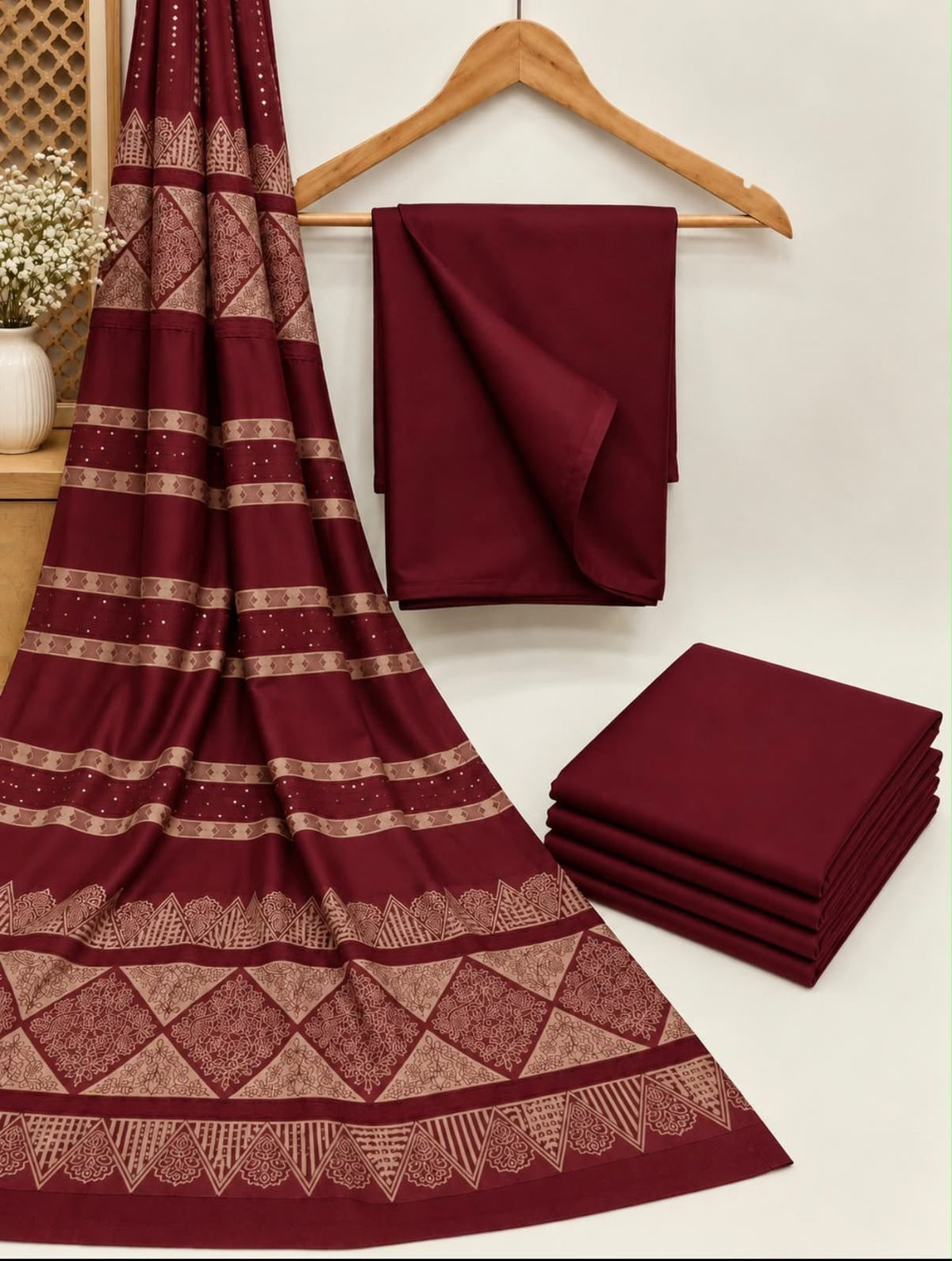 Dhanak wool 3 PC with Brosha Square strips same Shawl-Meroon