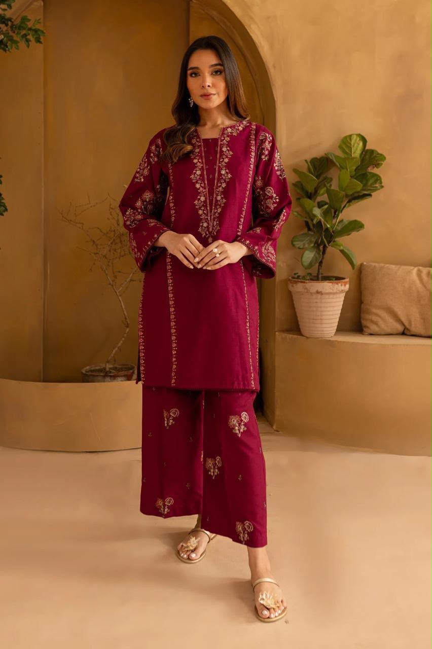 Rare 2 PC Trouser Multi Embroidery Meroon-TS