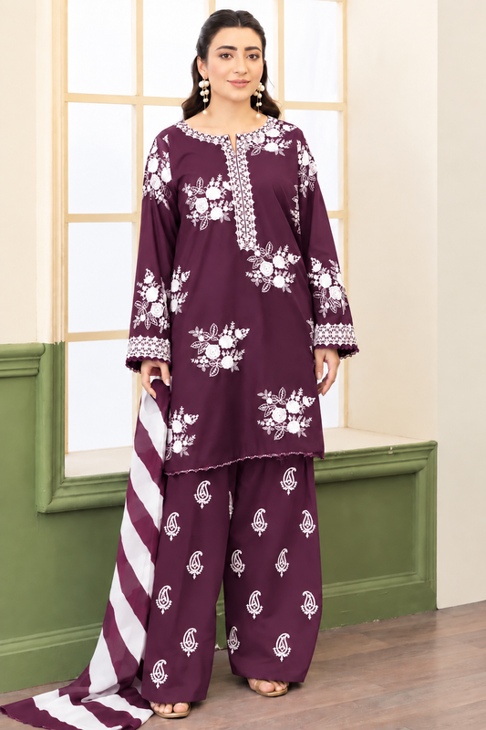 Midnight Bloom – 3 Piece Embroidered dhanak wool-PLUM