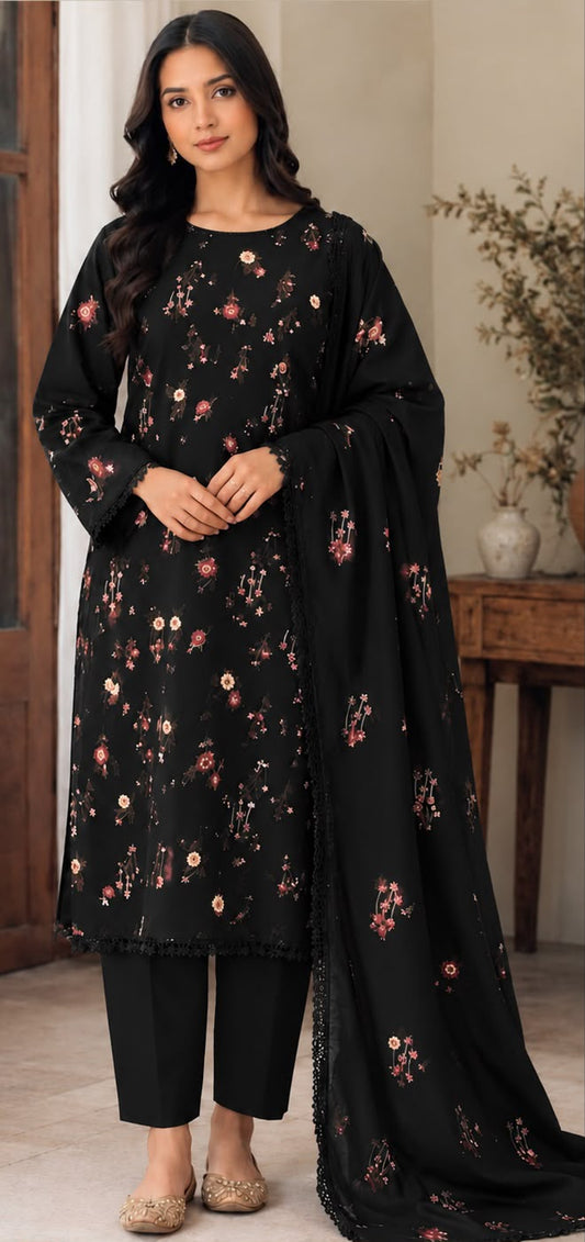 Floral Dhanak wool 3 PC-Black