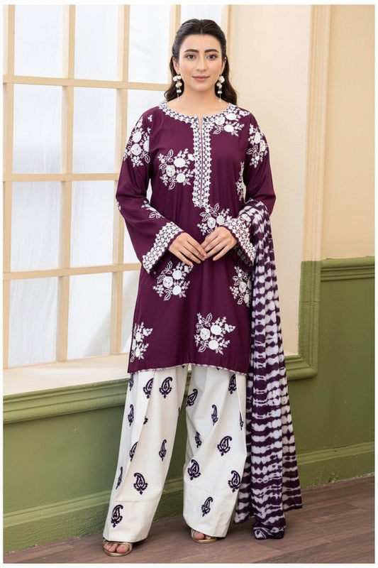 Zara Shahjahan Luxury Embroidery 3 Pc with contrast Touser-Plum