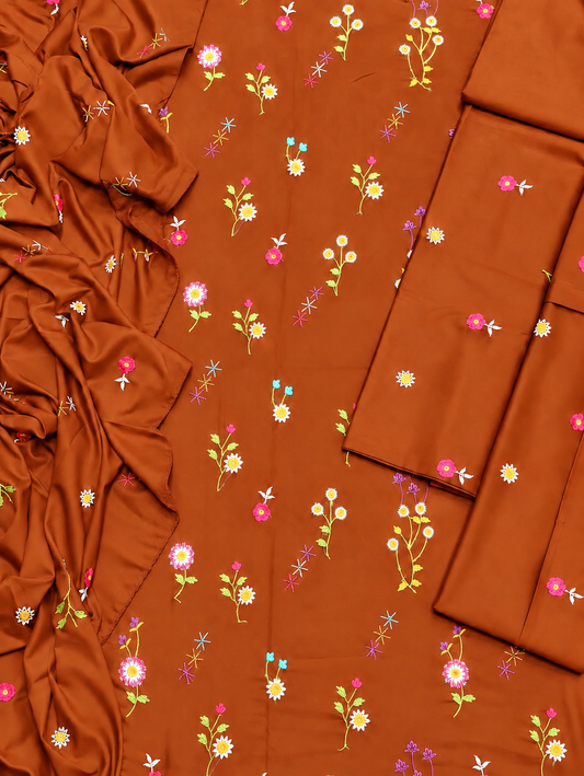 Floral Dhanak wool 3 PC-Rusty Orange