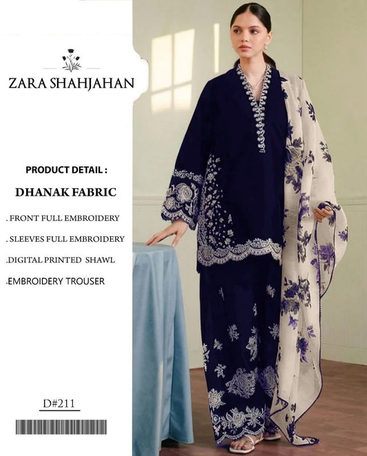 Coco by Zara ShahJahan 3 Piece Dhanak Marina with Printed wool Shawl-Navy
