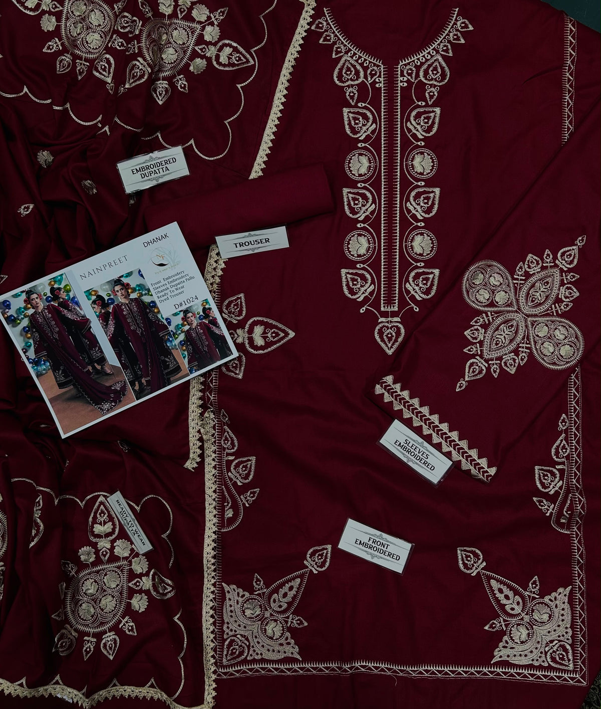 NAIN PREET– 3 Piece winter wool 2 sided Pallu ready to wear shawl-Meroon