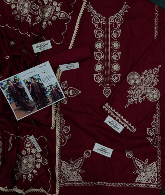 NAIN PREET– 3 Piece winter wool 2 sided Pallu ready to wear shawl-Meroon
