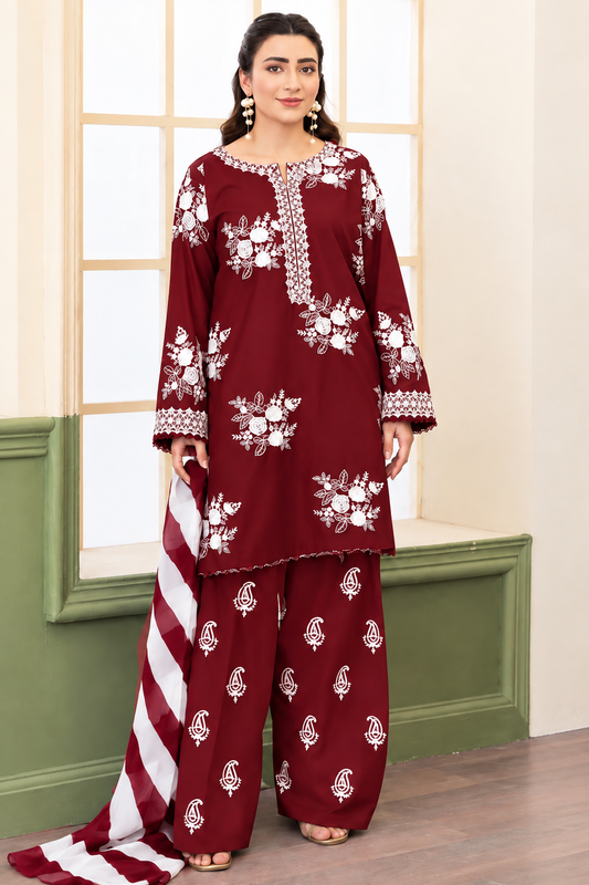 Midnight Bloom – 3 Piece Embroidered dhanak wool-Meroon