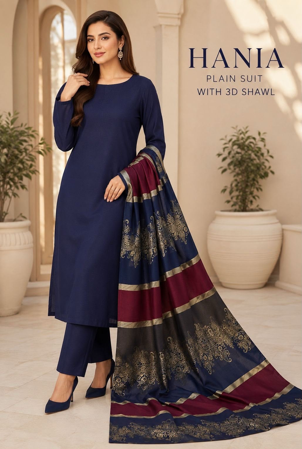 Dhanak wool 3 PC with Brosha Shawl-Navy