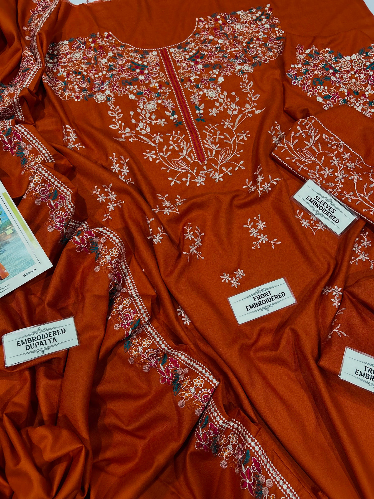 BATIK– 3 Piece Dhanak wool with embroidery shawl-Rust