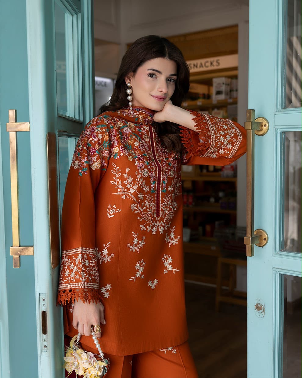 BATIK– 3 Piece Dhanak wool with embroidery shawl-Rust