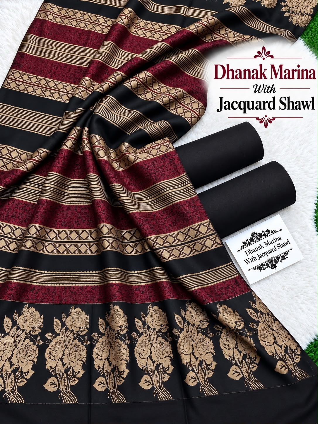 Dhanak wool 3 PC Flower 3D Brosha Shawl-Black