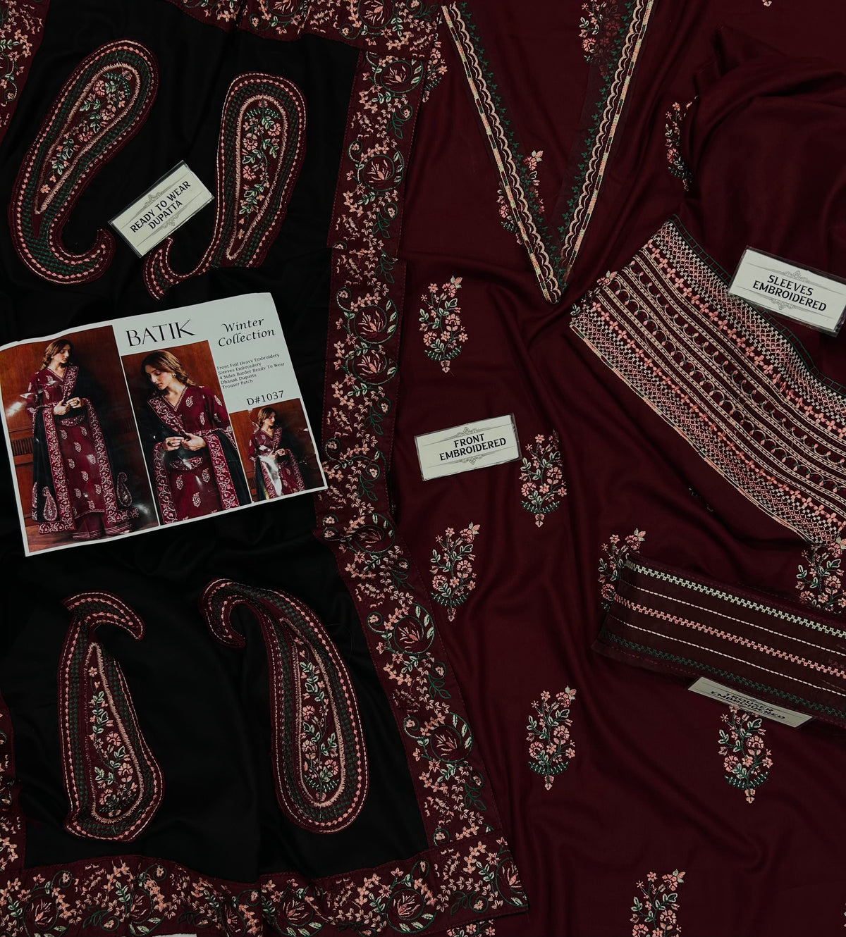 Batik– 3 Piece winter 4 sided Patti and Motif shawl ready to wear-M&B