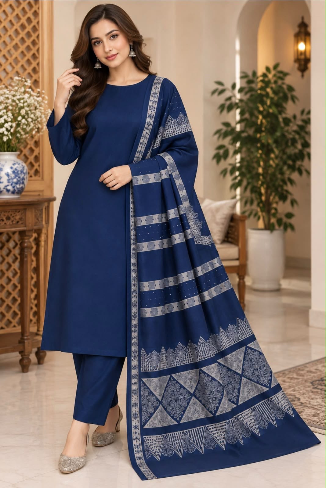 Dhanak wool 3 PC with Brosha Square strips same Shawl-Navy