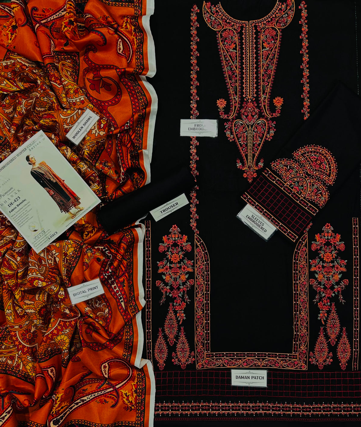 HUSSAIN REHAR DHANAK UNSTITCHED EMB 3PC-Black