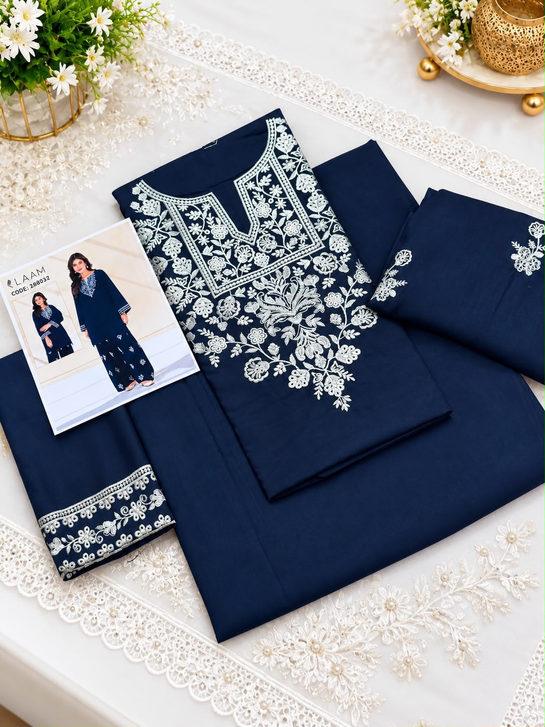Laam 2 PC Trouser Embroidery Navy-TS