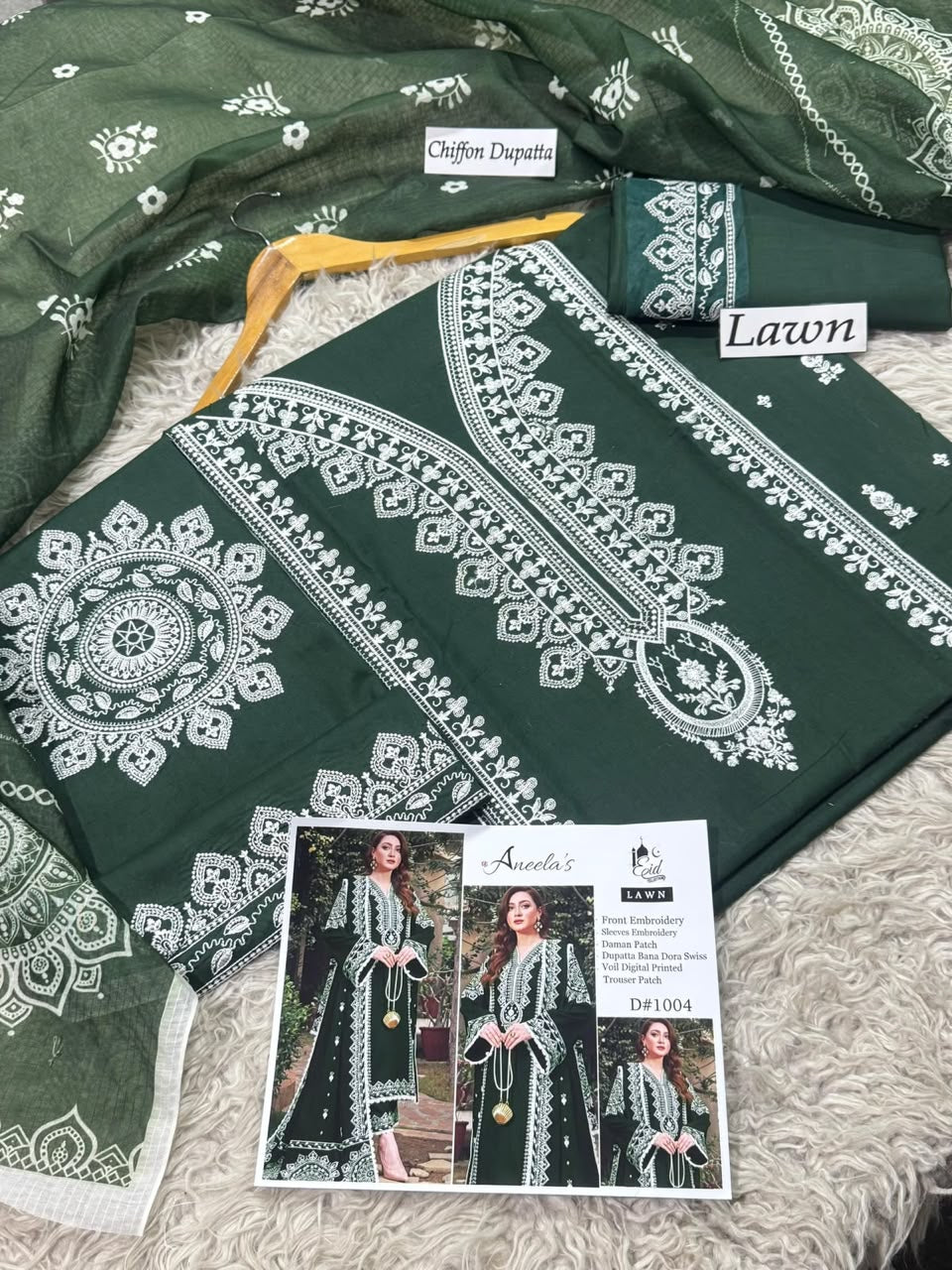 Embroidered 3pc Aneela's-Bottle Green