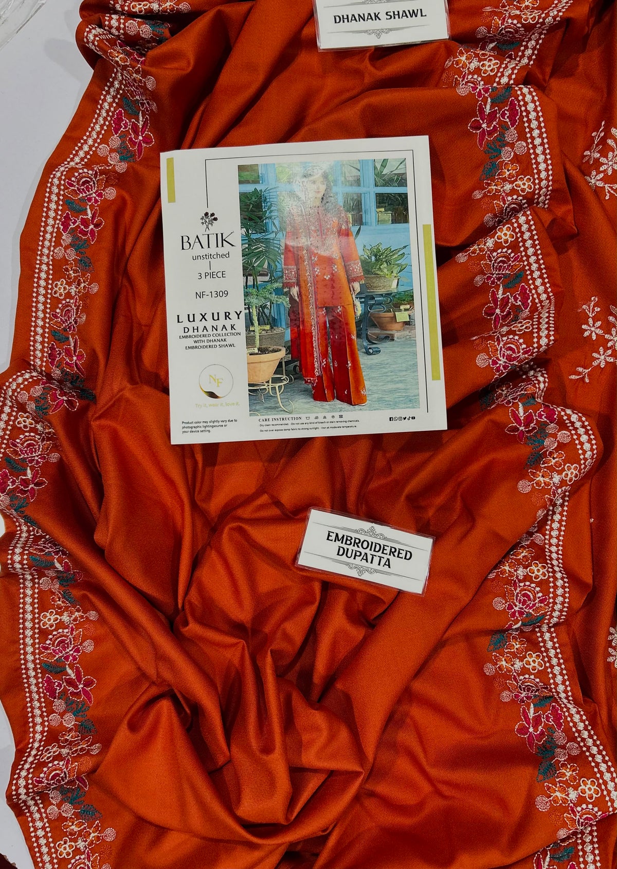 BATIK– 3 Piece Dhanak wool with embroidery shawl-Rust