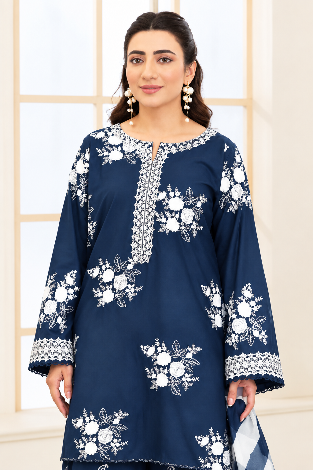 Midnight Bloom – 3 Piece Embroidered dhanak wool-Navy