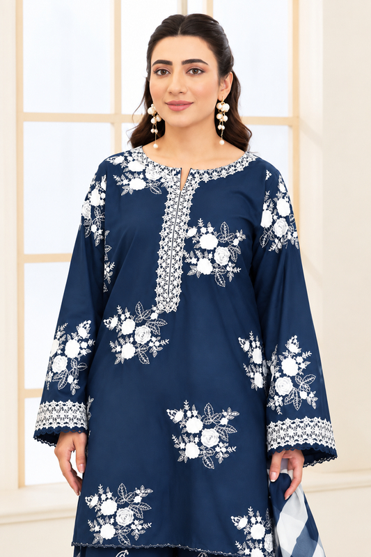 Midnight Bloom – 3 Piece Embroidered dhanak wool-Navy
