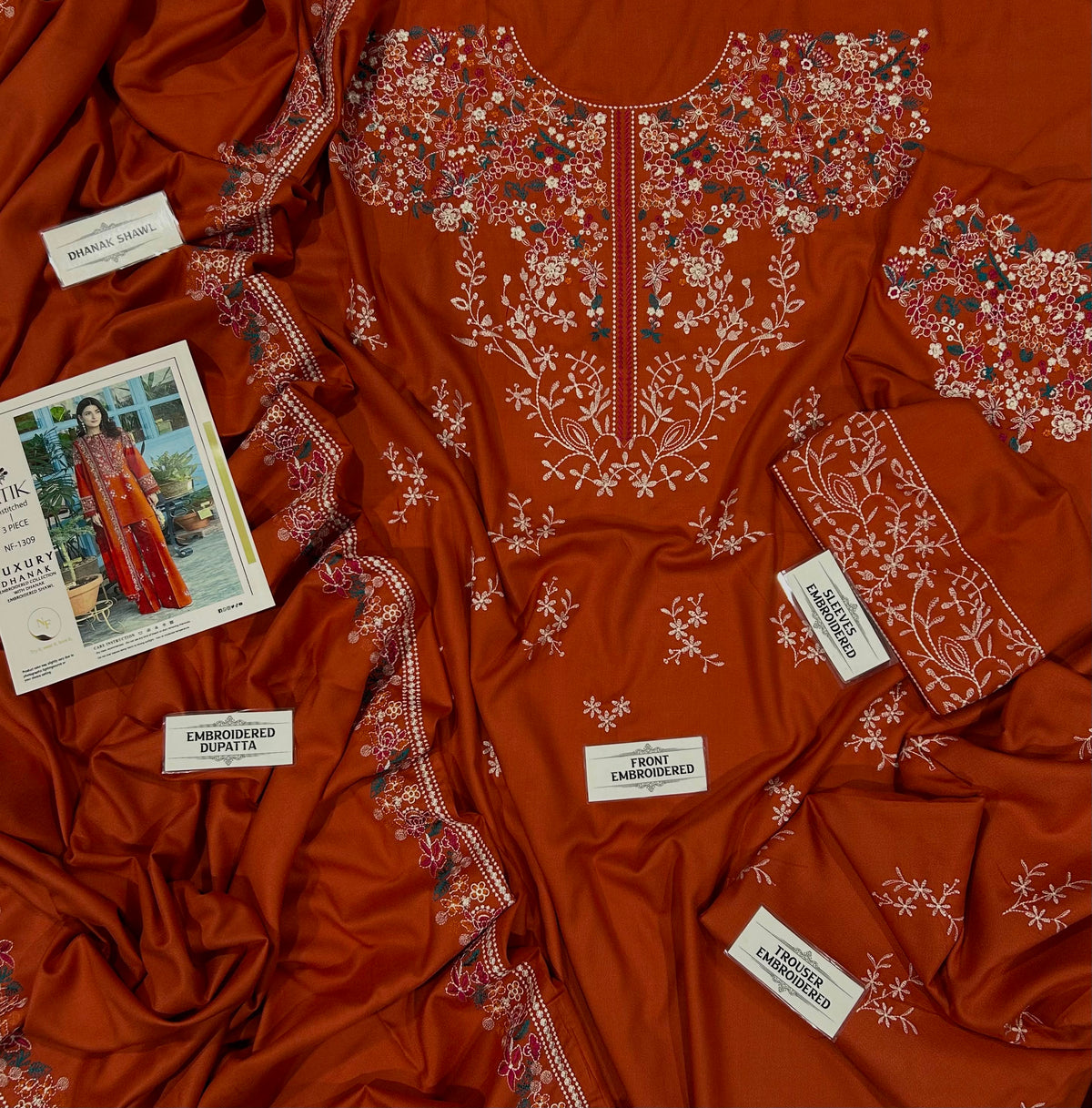 BATIK– 3 Piece Dhanak wool with embroidery shawl-Rust