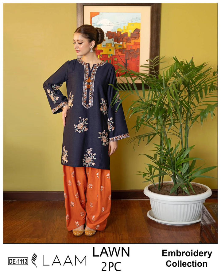 Navy Blue Lawn 2 Piece Heavy Embroidered Suit – Front, Sleeves &amp; Rust Trouser