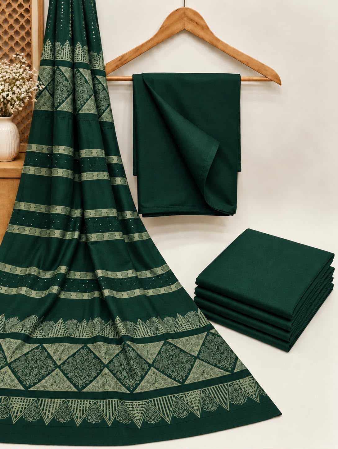 Dhanak wool 3 PC with Brosha Square strips same Shawl-B green