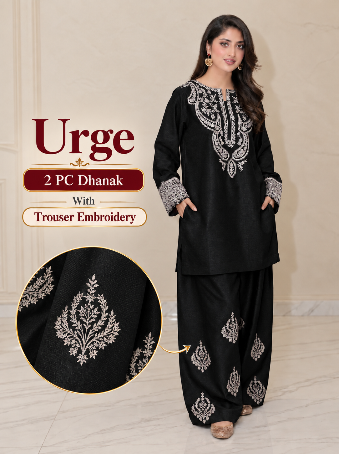 Urge 2 PC Trouser Embroidery-Black
