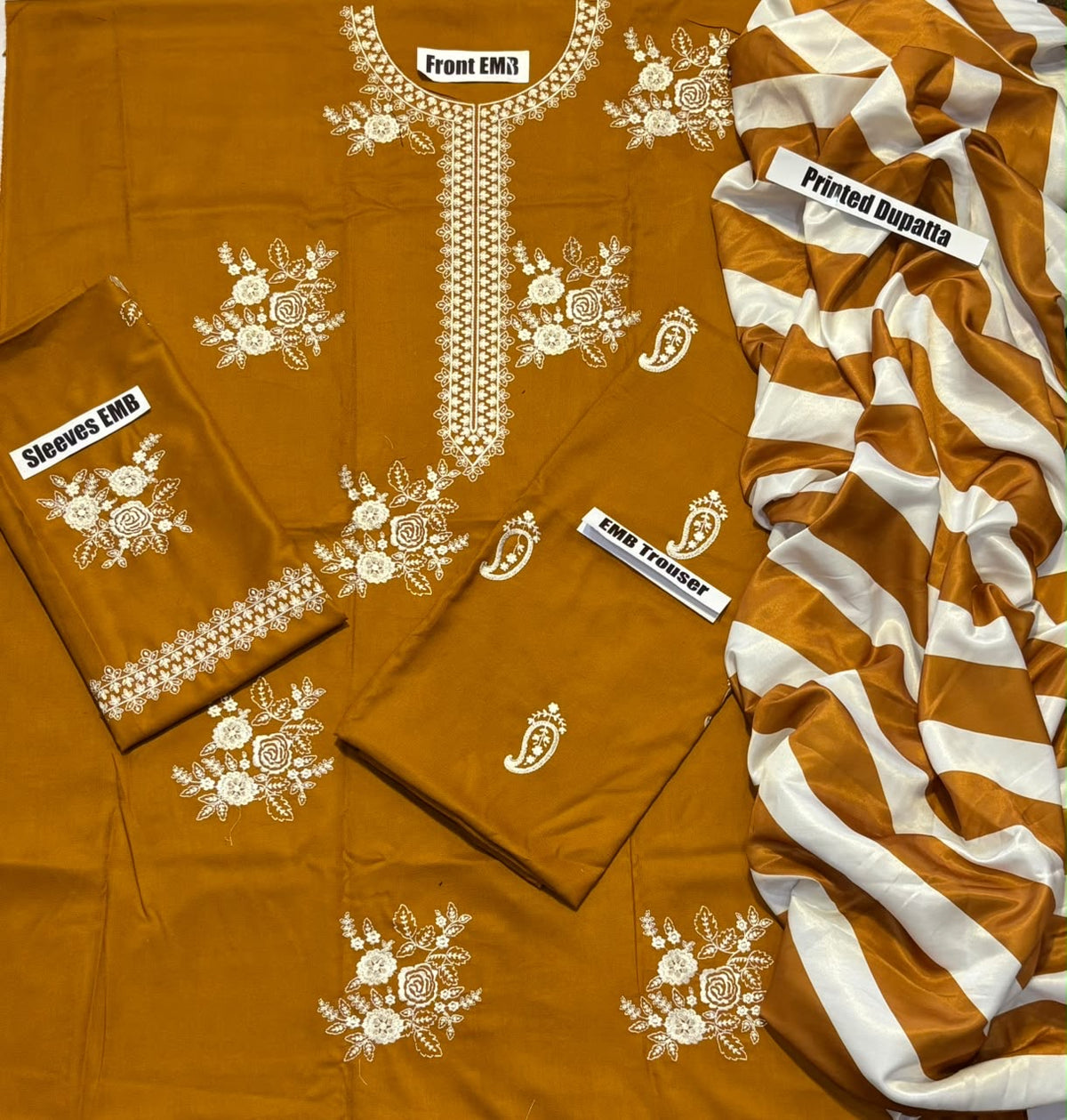 Midnight Bloom – 3 Piece Embroidered dhanak wool-Mustard