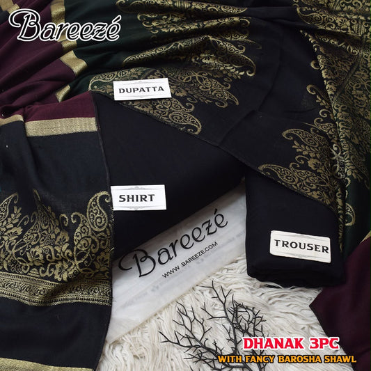Dhanak wool 3 PC with Brosha Shawl-Black
