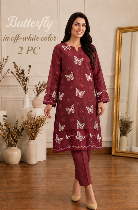 Lawn butterfly 2 PC chikankari with sequins work-Meroon