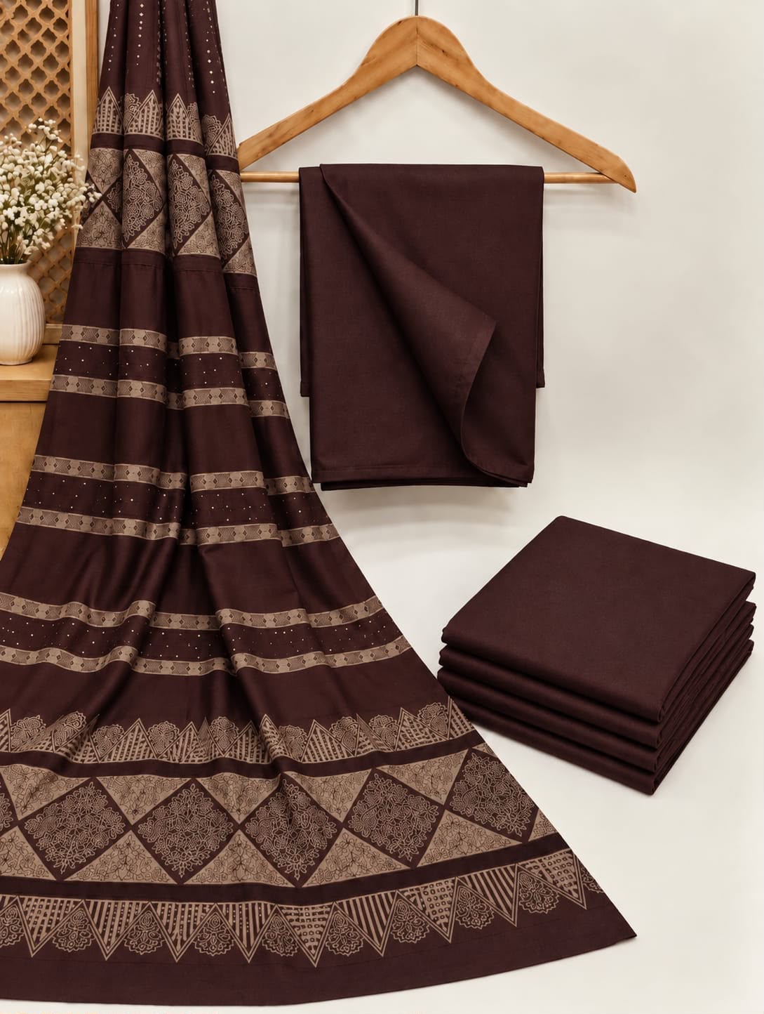 Dhanak wool 3 PC with Brosha Square strips same Shawl-Chocolate