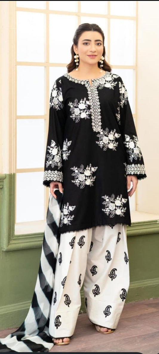 Zara Shahjahan Luxury Embroidery 3 PC with contrast Touser-Black