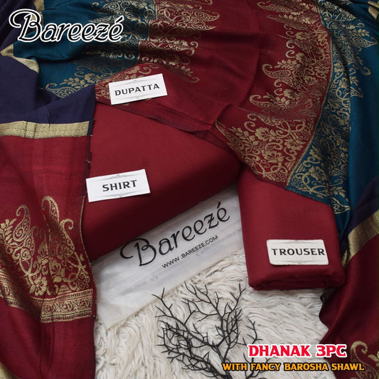 Dhanak wool 3 PC with Brosha Shawl-Meroon