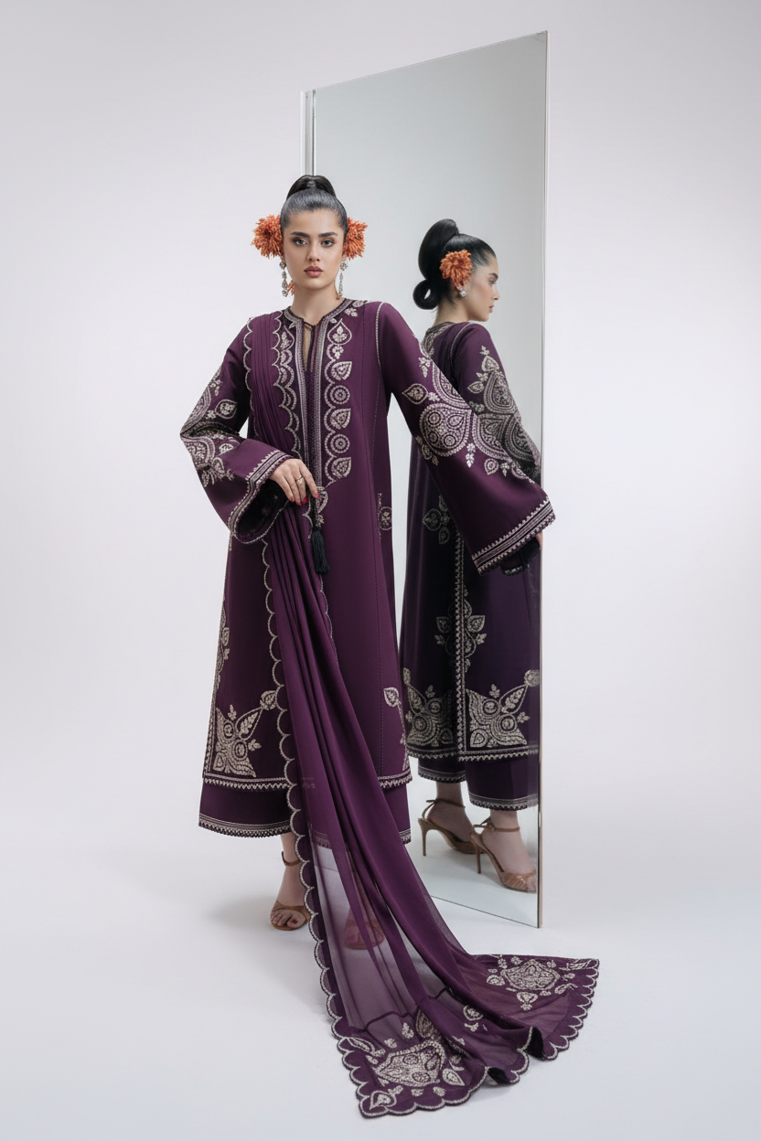 NAIN PREET– 3 Piece winter wool 2 sided Pallu ready to wear shawl-Plum