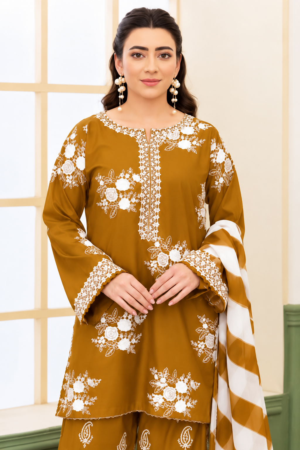 Midnight Bloom – 3 Piece Embroidered dhanak wool-Mustard