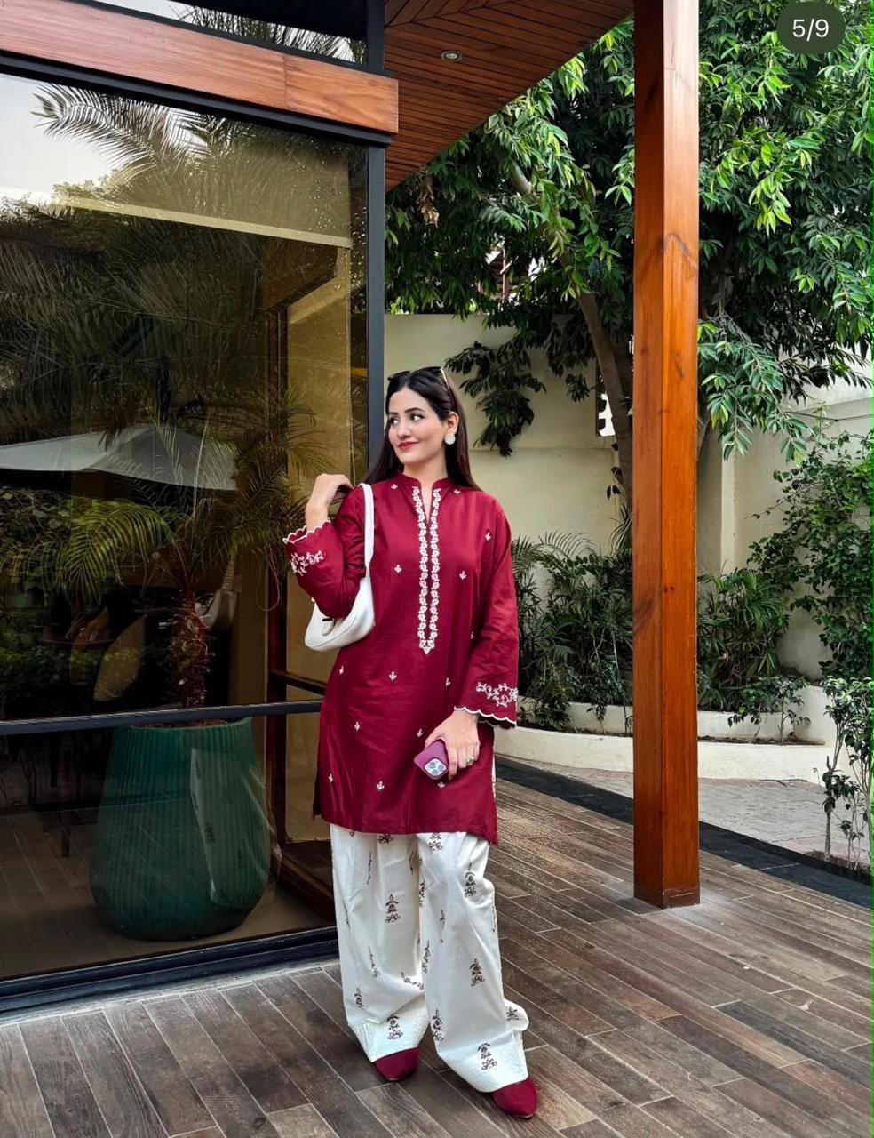 Arzu 2 PC Trouser Embroidery-Red &W-TS