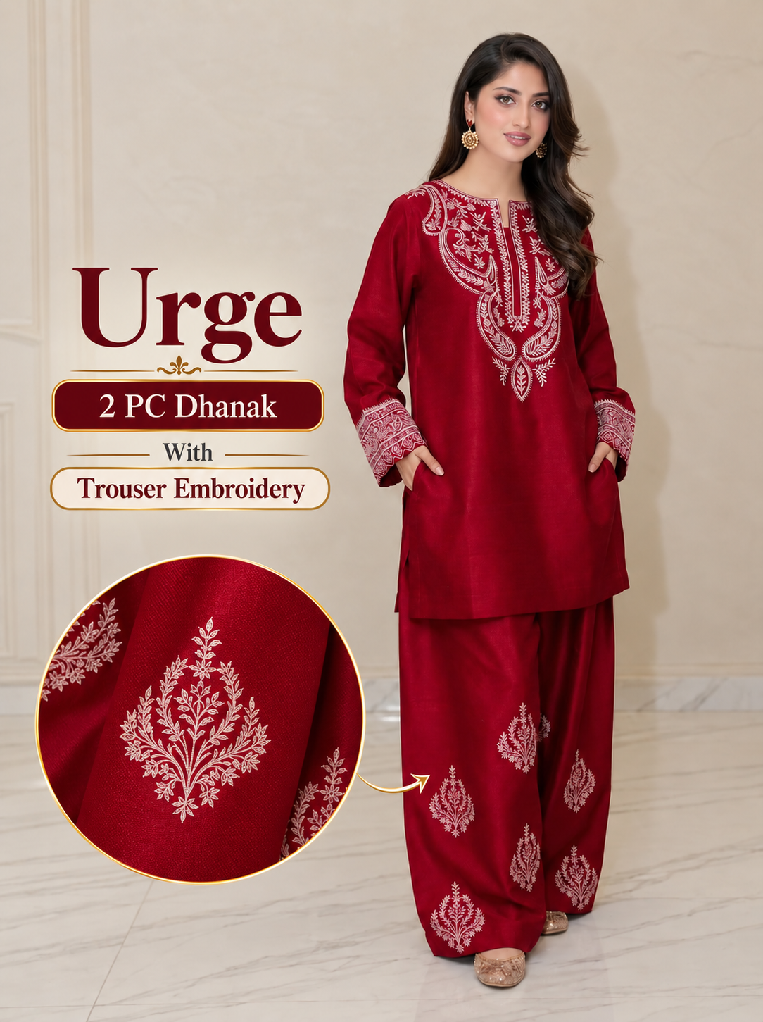 Urge 2 PC Trouser Embroidery-Red