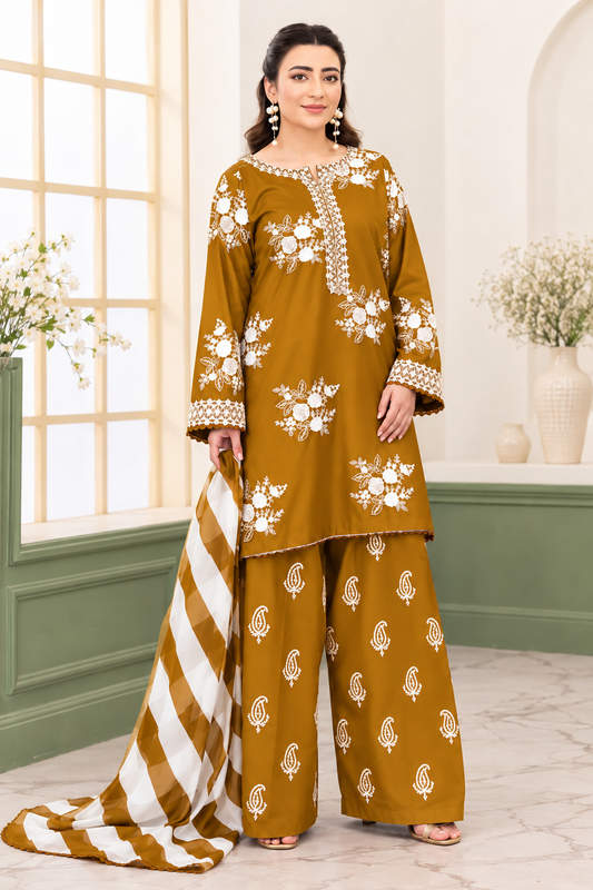 Midnight Bloom – 3 Piece Embroidered dhanak wool-Mustard