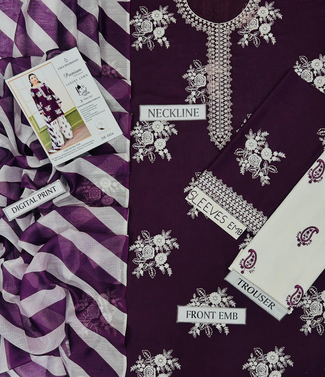 Zara Shahjahan Luxury Embroidery 3 Pc with contrast Touser-Plum