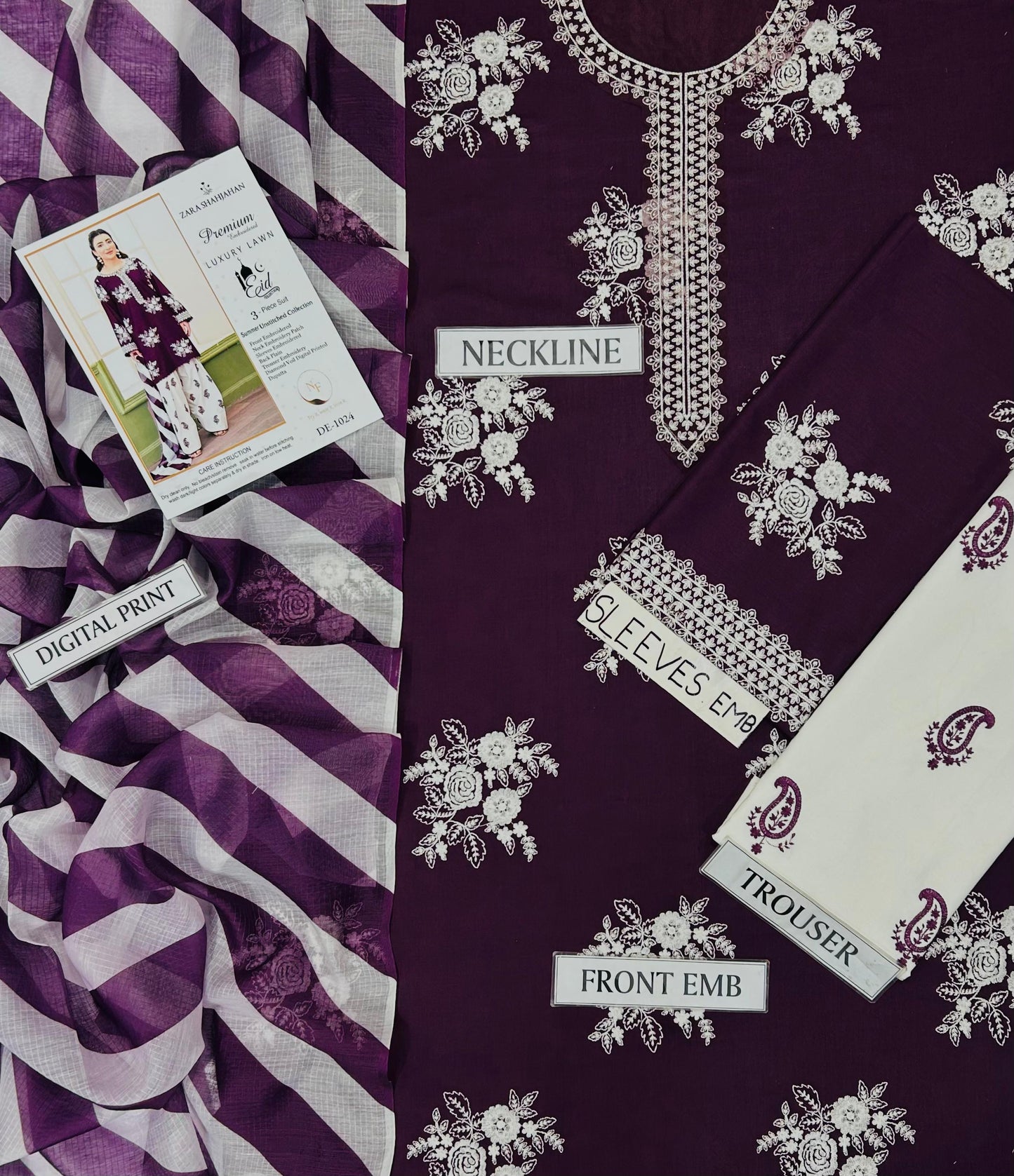 Zara Shahjahan Luxury Embroidery 3 Pc with contrast Touser-Plum