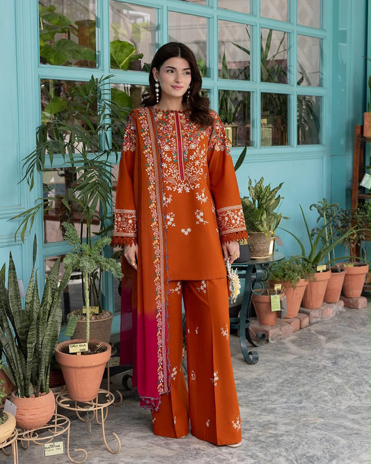 BATIK– 3 Piece Dhanak wool with embroidery shawl-Rust