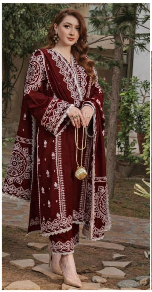 Embroidered 3pc Aneela's-Maroon