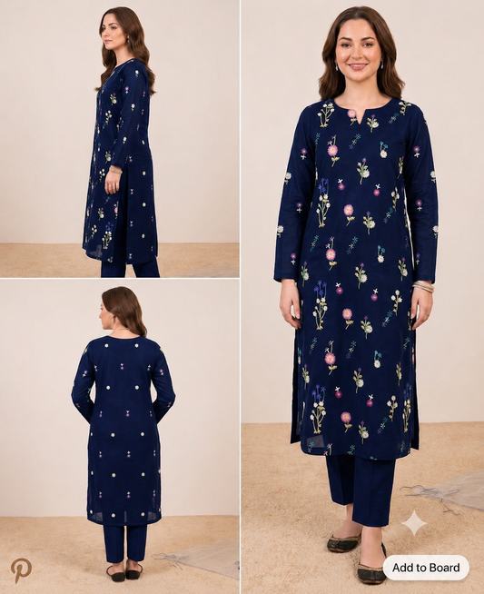 2pc Premium Pure Lawn Floral Embroidered-Navy Blue