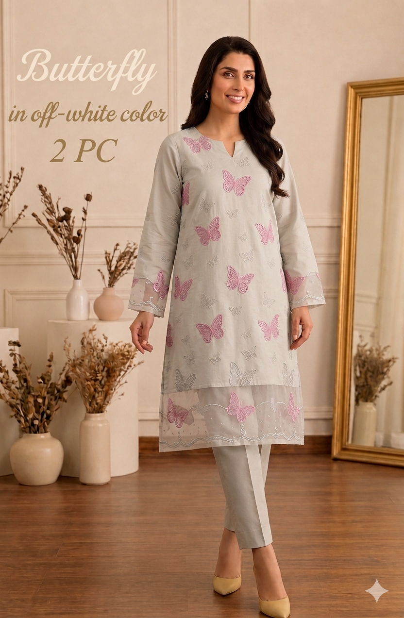 Lawn butterfly 2 PC chikankari with sequins work-Beige