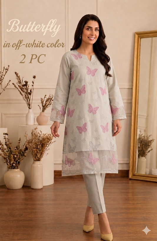 Lawn butterfly 2 PC chikankari with sequins work-Beige