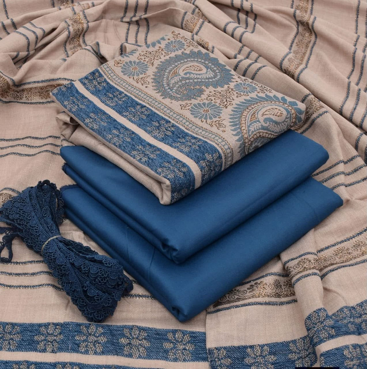 Dhanak wool 3 PC Contrast JACQUARD VELVET PATI PURE WOOL 3D-Zink