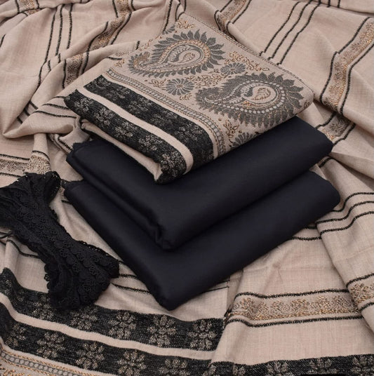Dhanak wool 3 PC Contrast JACQUARD VELVET PATI PURE WOOL 3D-Black
