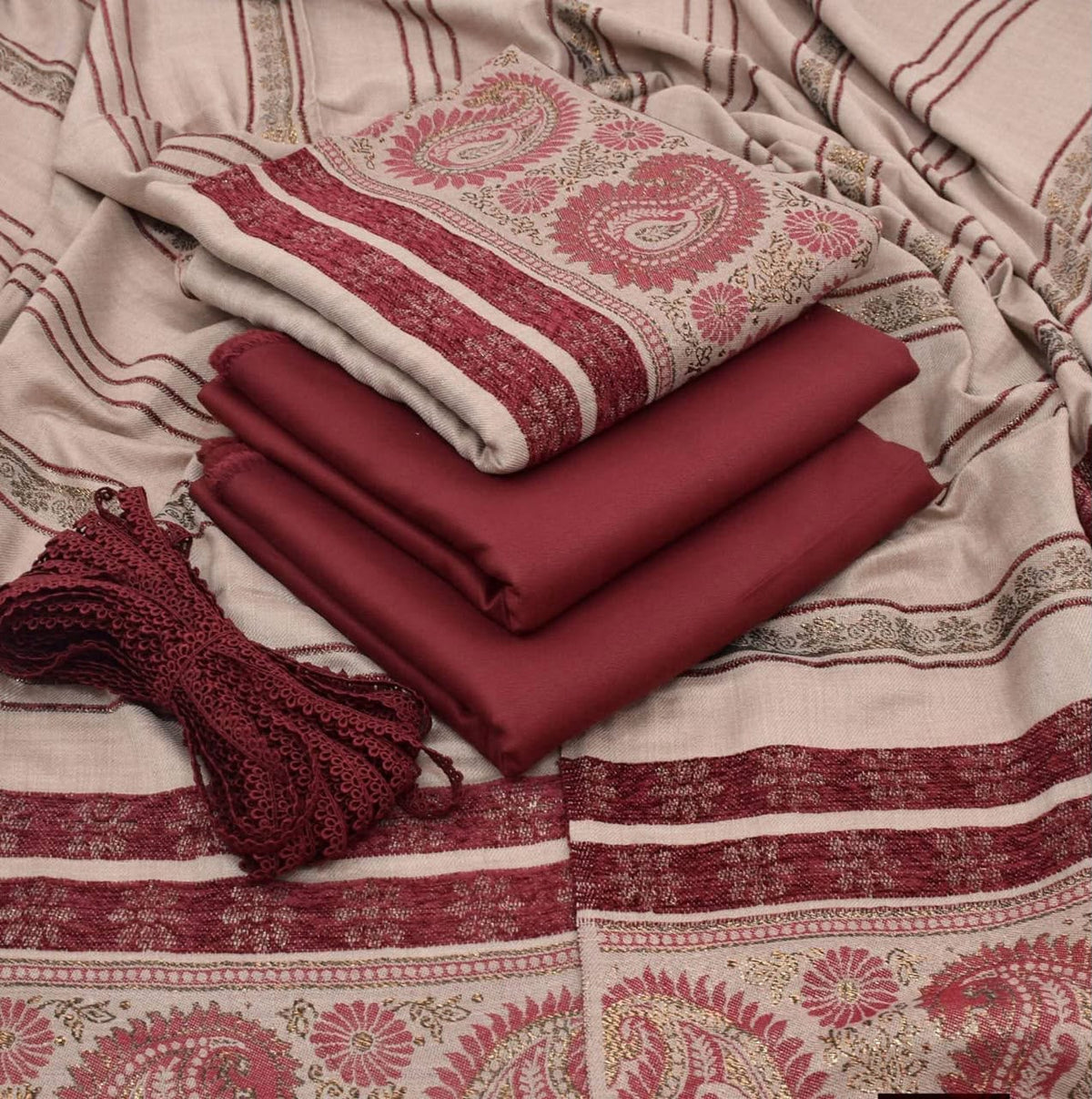 Dhanak wool 3 PC Contrast JACQUARD VELVET PATI PURE WOOL 3D-Meroon