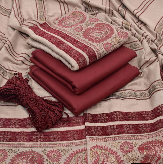 Dhanak wool 3 PC Contrast JACQUARD VELVET PATI PURE WOOL 3D-Meroon
