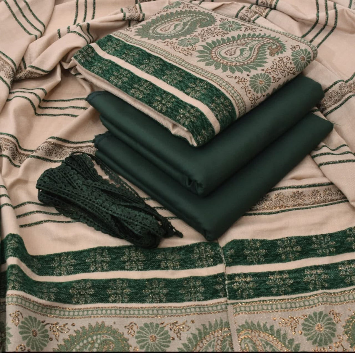 Dhanak wool 3 PC Contrast JACQUARD VELVET PATI PURE WOOL 3D-B Green